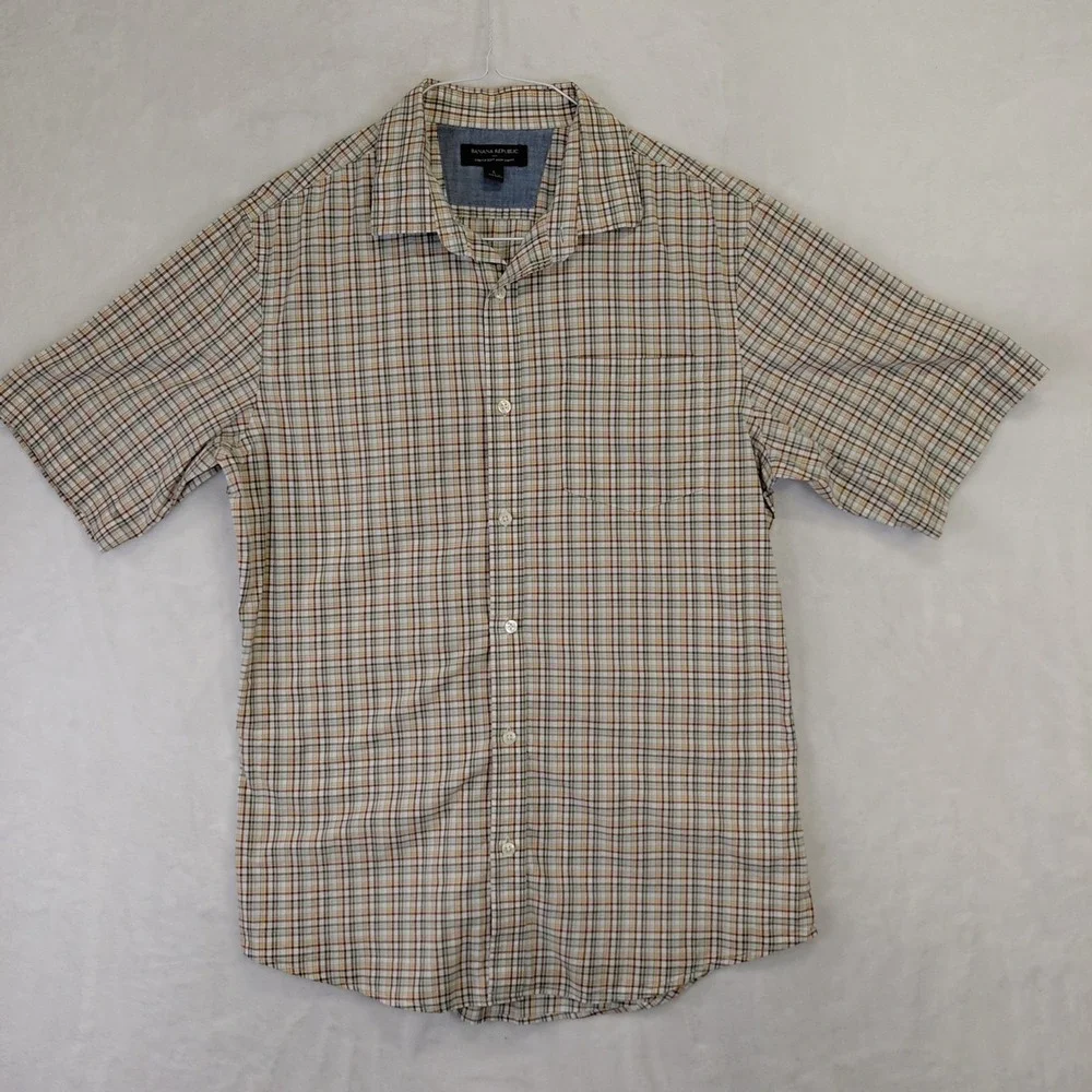 Banana Republic Mens Large Slim Fit Plaid Short Sleeve Button Down Shirt Tan L